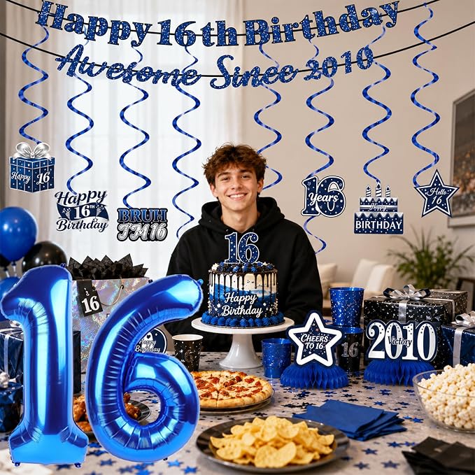 16th Birthday Decorations For Boys, Pre-Strung Navy Blue Happy 16th Birthday & - Image 2