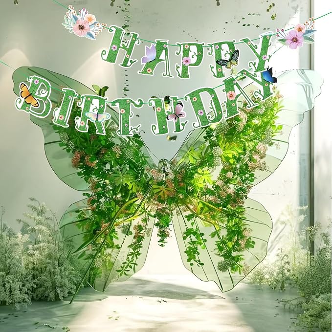SUNBEAUTY Wildflower Happy Birthday Banner Green Spring Butterfly Flowers Party - Image 7