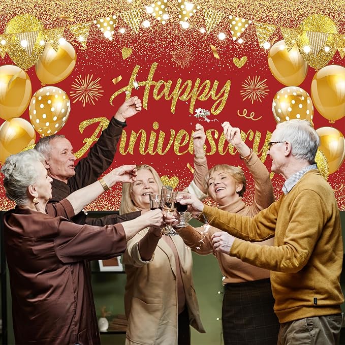Wedding Anniversary Banner Red Gold Happy Decorations - Image 6
