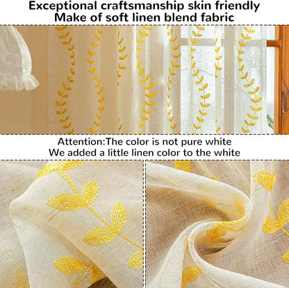 2 Panels Linen Leaf String Floral Embroidered Semi Sheer Curtain Farmhouse - Image 4