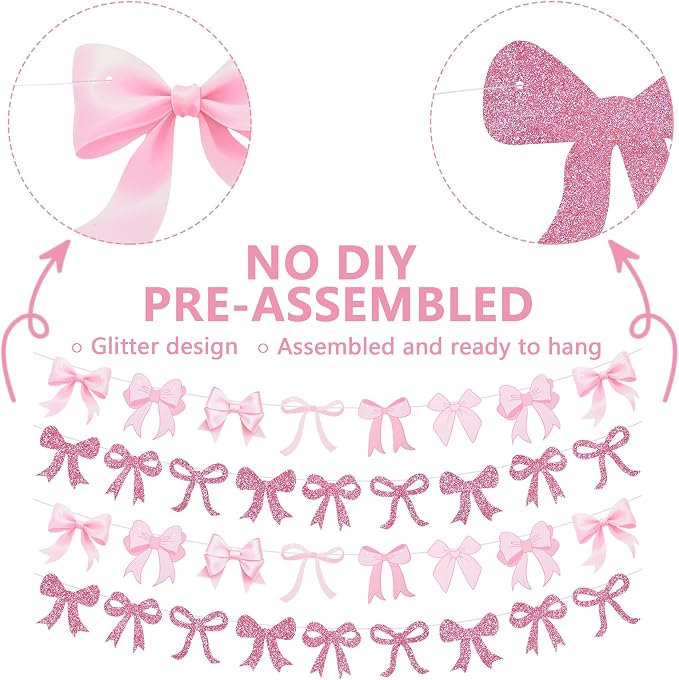 4pcs Glitter Pink Bow Garland Banner Pre-Strung Pink Bow Theme Party Backdrop - Image 3