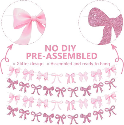 4pcs Glitter Pink Bow Garland Banner Pre-Strung Pink Bow Theme Party Backdrop - Image 3