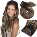 Moresoo Seamless Clip in Human Hair Extensions Ombre Dark Brown with Caramel Blonde Balayage Remy Seamless Clip on Hair Extensions 7pcs/120g 20inch