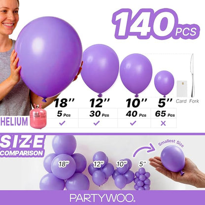 PartyWoo Purple Balloons 140pcs Different Sizes of 18 12 10 5 Inch | Balloons - Image 6