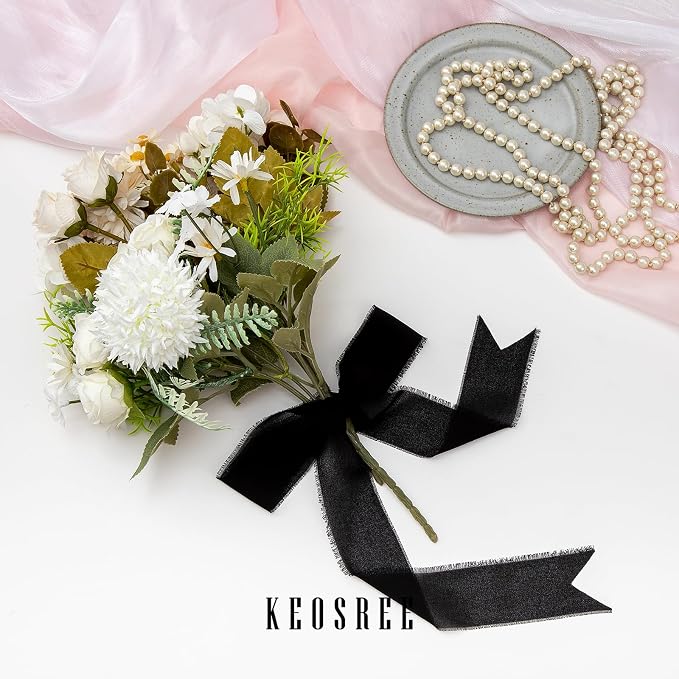 KEOSREE 3 Rolls Black Handmade Chiffon Ribbon, 1.5" x 21Yd | Frayed Fringe Silk - Image 6