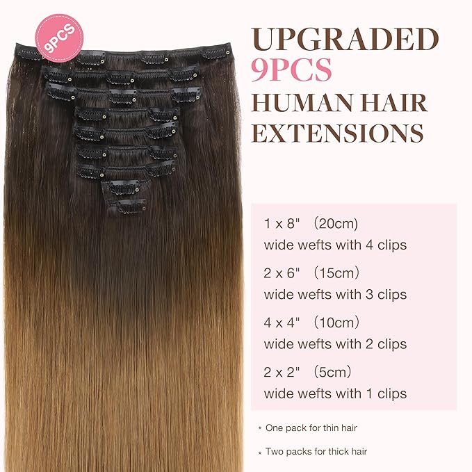 GOO GOO Clip in Hair Extensions Real Human Hair, Remy Human Hair Extensions Clip ins for Women, Natural Human Hair, 22inch 150g 9Pcs, 1D/2C/4E Chocolate Dip Color Melt