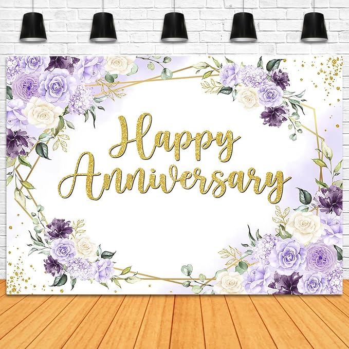 Happy Anniversary Backdrop 7x5ft Purple and White Flowers Anniversary Party - Image 4