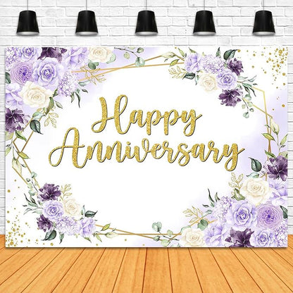 Happy Anniversary Backdrop 7x5ft Purple and White Flowers Anniversary Party - Image 4