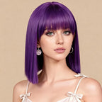 Allbell Deep Purple Wigs for Women Short Bob with Bangs Heat Resistant Synthetic Hair 12 inch for Daily Party Halloween Costume Use