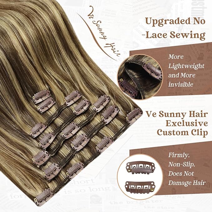 Ve Sunny Clip in Hair Extensions Real Human Hair Brown Highlights Hair Extensions Clip ins Dark Brown mit Caramel Blonde Human Hair Clip in Extensions Easy to Wear 20 Inch 7pcs 120g