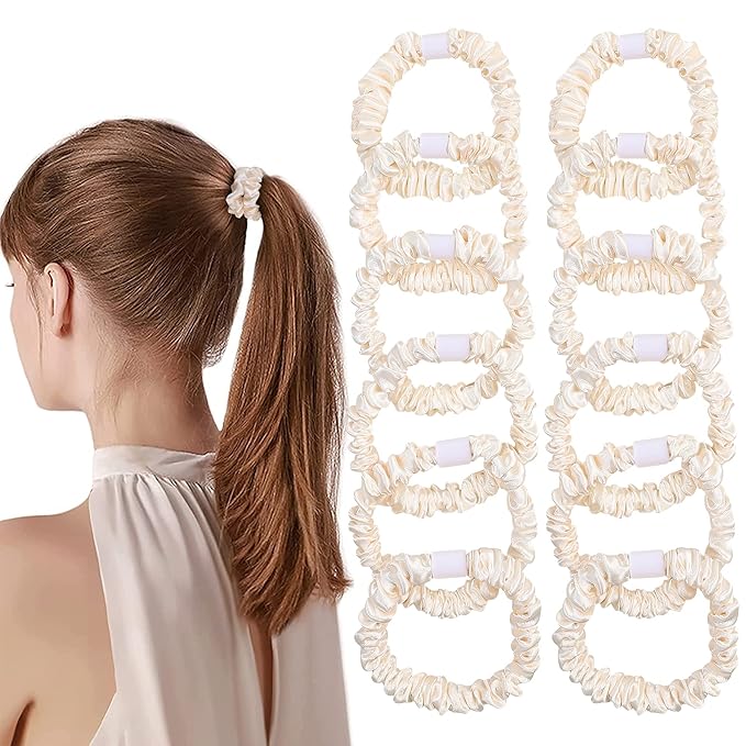 Ivyu Hair Ties Satin Scrunchies - Small Mini Scrunchy for Women Thick Thin Hair Accessories Cute Soft No Slip Hair Elastics Ponytail Holder for Curly Hair No Damage Hairties Gift for Girls… Champagne