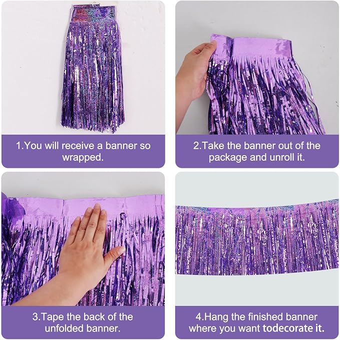 BEISHIDA Laser Light Purple Fringe Garland Banner Wall Tinsel Foil Streamer | - Image 3