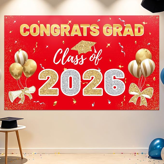 STARSIDE 2026 Graduation Backdrop 70.8x43.3 Inch Red Gold | Congrats Grad by STARSIDE