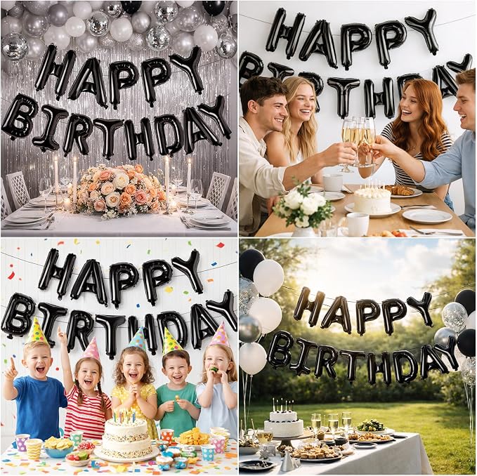 Black Happy Birthday Balloons Banner, 16 Inch Black Letters Aluminum Foil - Image 5