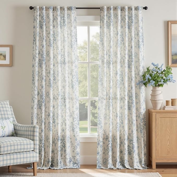 jinchan Blue Floral Linen Curtains 96 Inch Farmhouse Back Tab 2 Panels | Light by JINCHAN