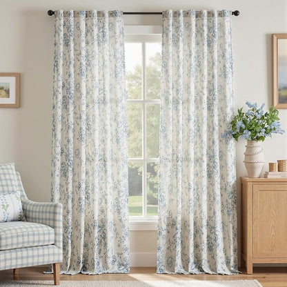 jinchan Blue Floral Linen Curtains 96 Inch Farmhouse Back Tab 2 Panels | Light by JINCHAN