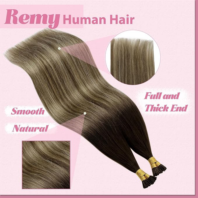 YoungSee I Tip Hair Extensions Human Hair Balayage Itip Hair Extension Real Human Hair Ombre Dark Brown to Brown with Blonde Itip Hair Extension 16 Inch Pre Bonded 80s 50g