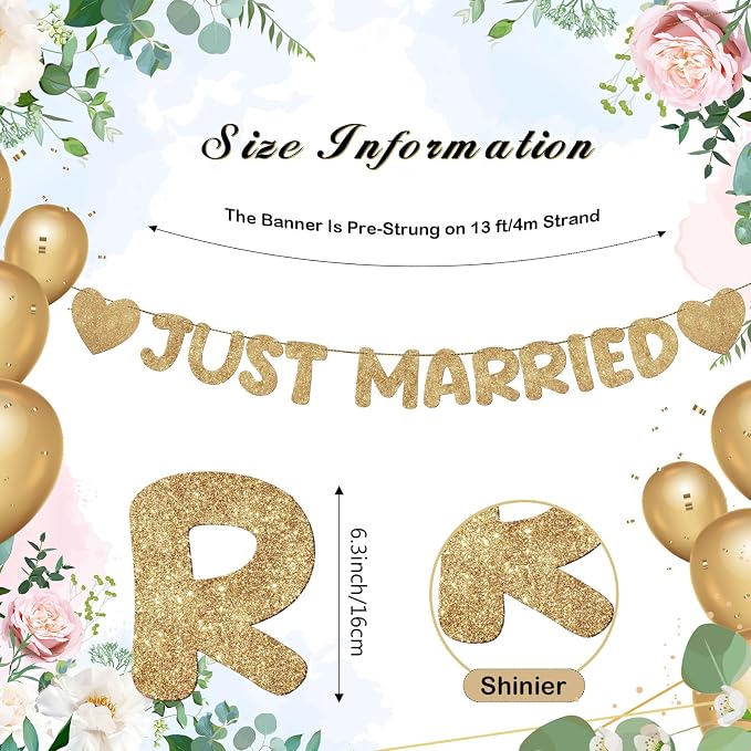 Pre Strung Just Married Banner Glitter Wedding Party Banner No DIY Just Married - Image 2