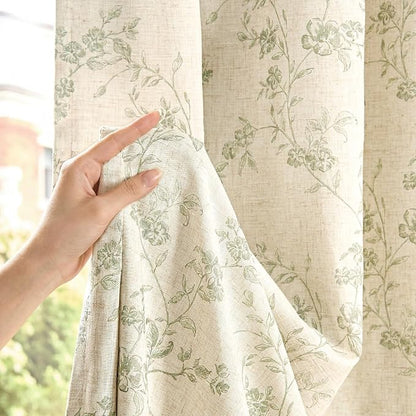Blackout Vintage Floral Linen Curtains Green on Beige 50×90 2 Panels | Elisa - Image 3