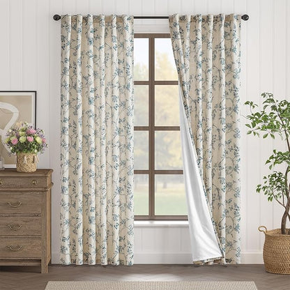 Blue Floral Linen Lined Curtains Rod Pocket 50W X 90L 2 Panels | Charlotte - Image 2