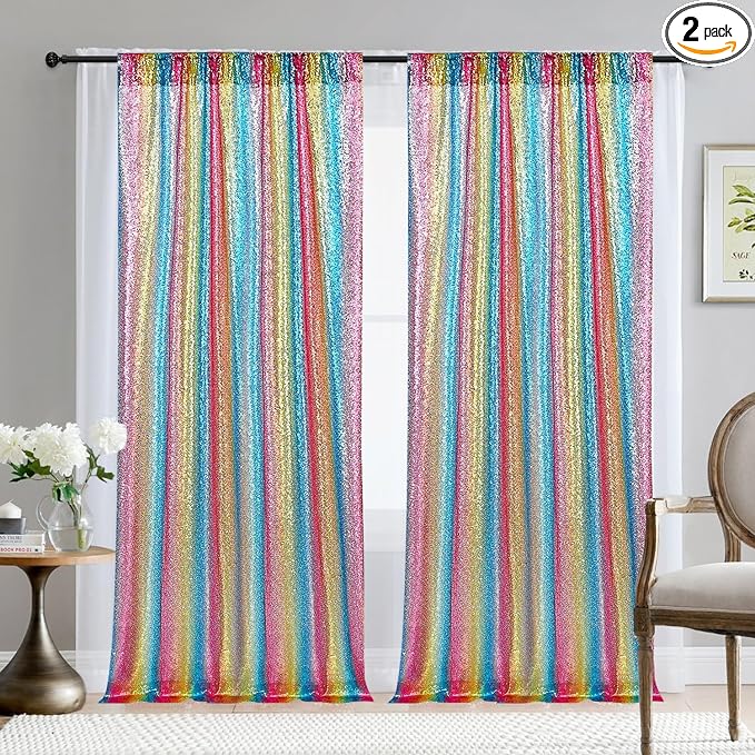 2×8FT-2PCS Rainbow Sequin Backdrop Curtains Panels, Photography Backdrop by Pufogu