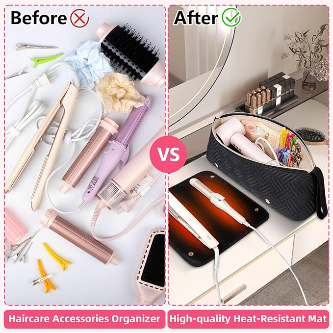 Hair Tools Travel Bag with Heat Resistant Mat, Portable Hair Tool Organizer Travel Carrying Case for Straightener, Flat Iron, Curling Iron, Hair Dryer& Hair Styling Accessories Women (Black)