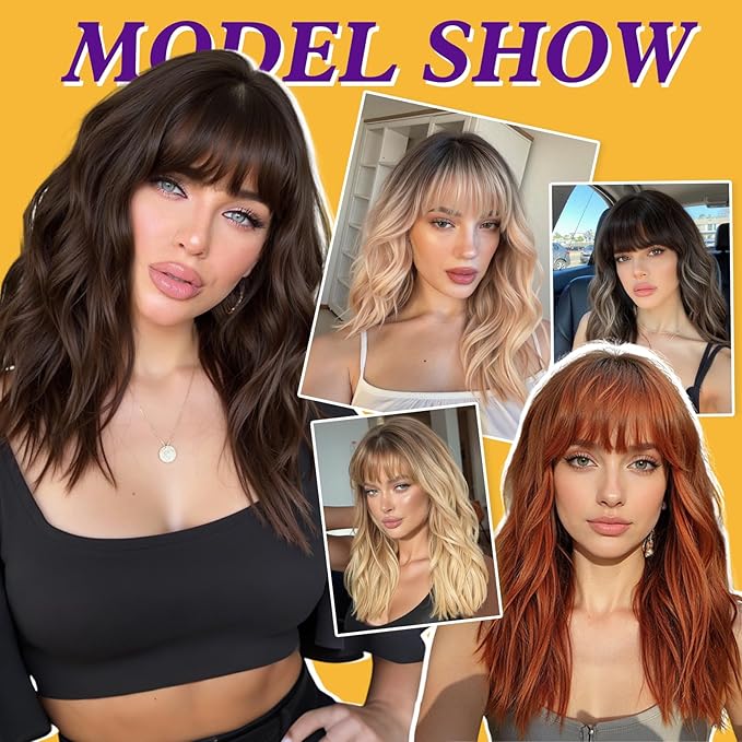 Ombre Blonde Wig with Bangs,Blonde Highlight Wavy Wigs for Women,Shoulder Length Curly Synthetic Hair Wig for Party Daily Use 18IN…