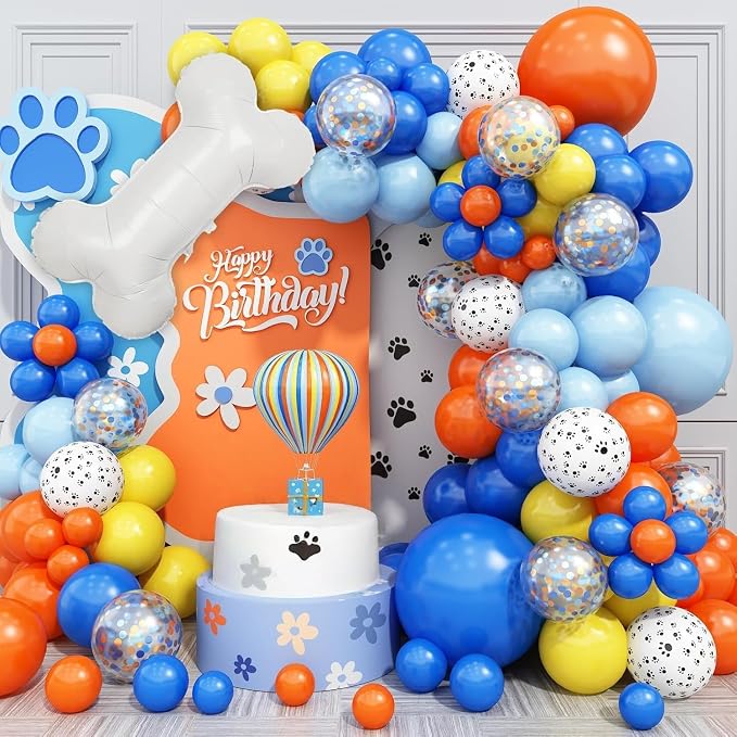 Dog Paw Balloon Arch, Big Bone Foil Balloon Orange Blue Confetti Balloons by Jobkoo