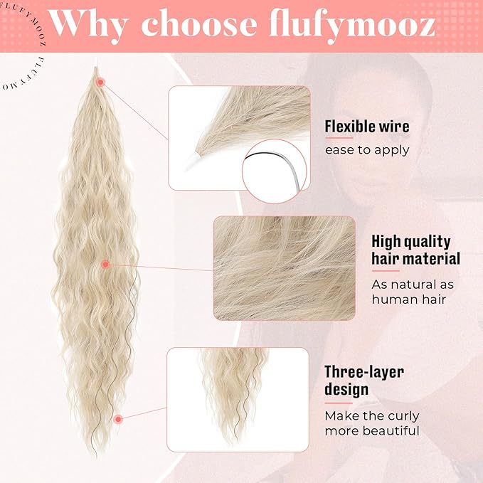 Flufymooz Ponytail Extension, Flexible Wrap Around Ponytail Extension Long Wavy Curly Ponytail Hair Extensions Natural pony tail Synthetic Hairpiece for Women 26 Inch (Cool Blonde)