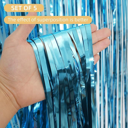 5 Pack Blue Fringe Backdrop 3.2ft x 8.2ft Teal Blue Foil Fringe Curtains Party - Image 2