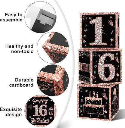 Eiurteao 3pcs Rose Gold 16th Birthday Decorations Boxes - Image 4