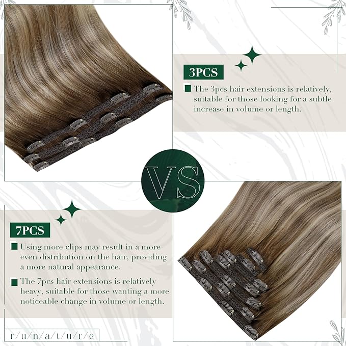 RUNATURE Clip in Hair Extensions Human Hair Balayage Clip in Human Hair Extensions for Women Soft Remy Natural Hair Straight 16 Inch 50g 3pcs #3/8/22 Walnut Brown to Blonde Balayage