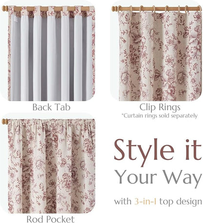 jinchan Red Floral Linen Blackout Curtains Lined 63 Inch Back Tab 2 Panels | - Image 4