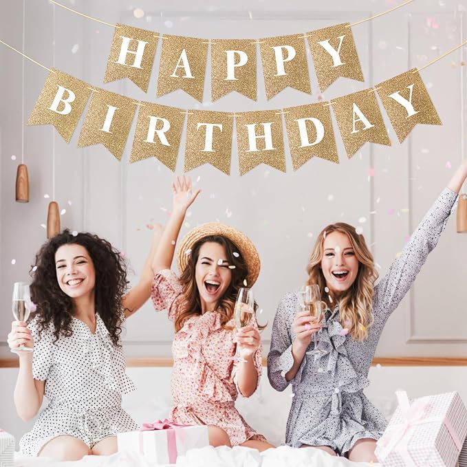 Pre-Strung Gold Happy Birthday Banner Glitter Birthday Party Banner NO DIY | - Image 7