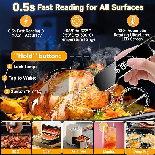Instant Read Thermometer, 3in1 Touchscreen Food Thermometer, 180° Rotatable LED Display Digital Meat Thermometer