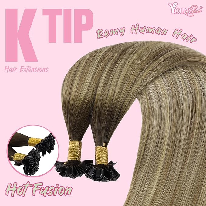 YoungSee K Tip Hair Extensions Balayage 22In Keratin Hair Extensions Human Hair Ombre Dark Brown to Brown with Blonde Straight 50s/50g