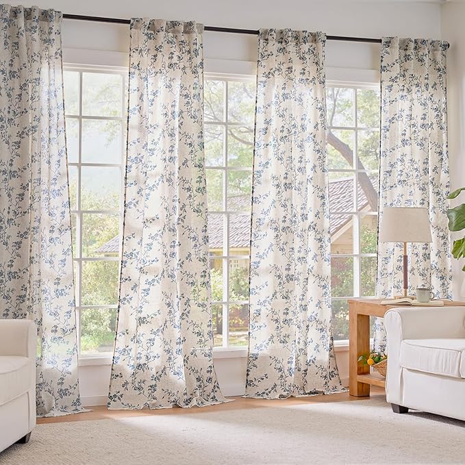 Extra Long Blue Vintage Floral Linen Curtains Farmhouse 2 Panels | Elisa - Image 7