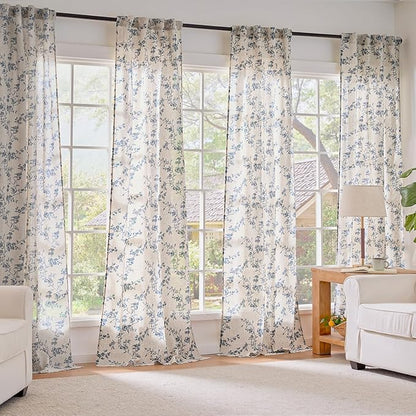 Extra Long Blue Vintage Floral Linen Curtains Farmhouse 2 Panels | Elisa - Image 7