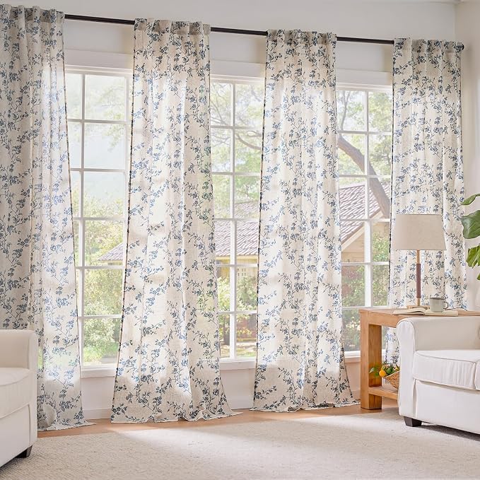 Extra Long Blue Vintage Floral Linen Curtains Farmhouse 2 Panels | Elisa Series - Image 7