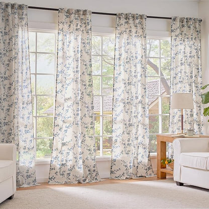 Blue Vintage Floral Linen Curtains Farmhouse 38W X 96L 2 Panels | Elisa Series - Image 7