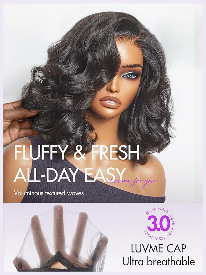 LUVME HAIR Loose Wave Bob Real 100% Human Hair Short Wigs Glueless Pre Cut Plucked Hd Lace Wig Ready To Go Natural Color Bleached Knots Side Part Black Wigs 14 Inches