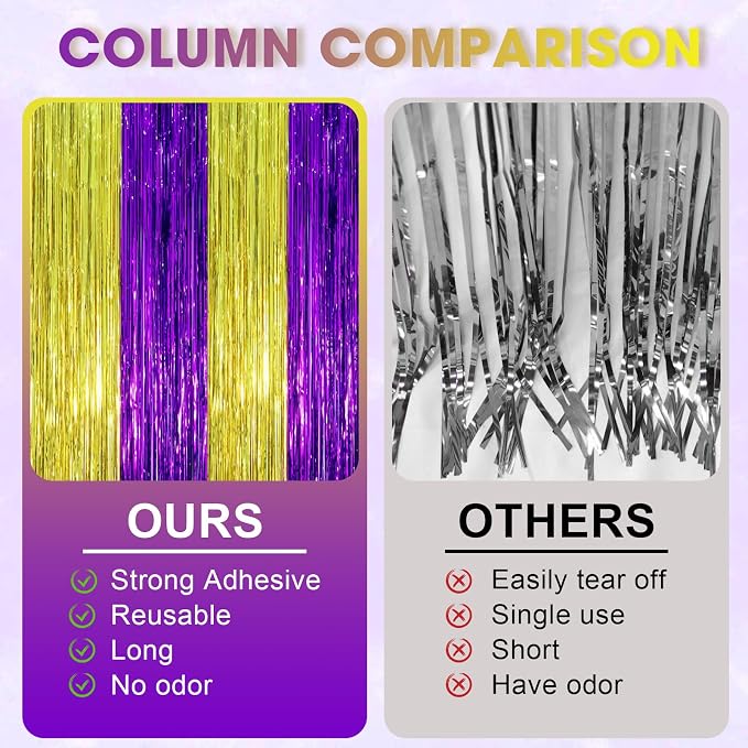 Voircoloria Purple Gold Foil Fringe Backdrop Curtains, 2 Pack | Tinsel Streamers - Image 3