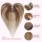 Hairro Human Hair Toppers with Side Bangs, 3D 360° Seamless Real Hair Toppers, Hand-Tied with 3.5"x4.7" T-shaped Base, Clip-In Hairpieces to Add Volume on Top, 11 Inch Medium Brown Mix Dark Blonde