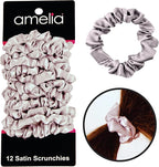 Amelia Beauty, Grey Satin Small Scrunchies, 12-Pack – No Damage Hair Ties for Women, Gentle & Durable Hair Accessories, 2.5in x 0.5in