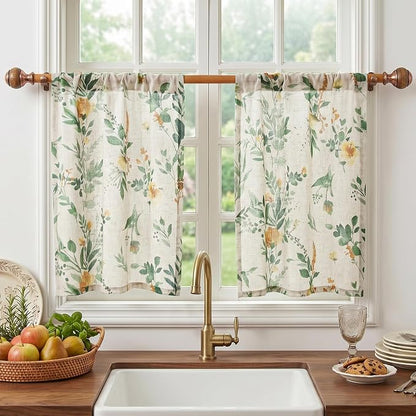 MYSKY HOME Floral Kitchen Curtains 24 Inches Linen Tier Curtains Farmhouse by MYSKYHOME