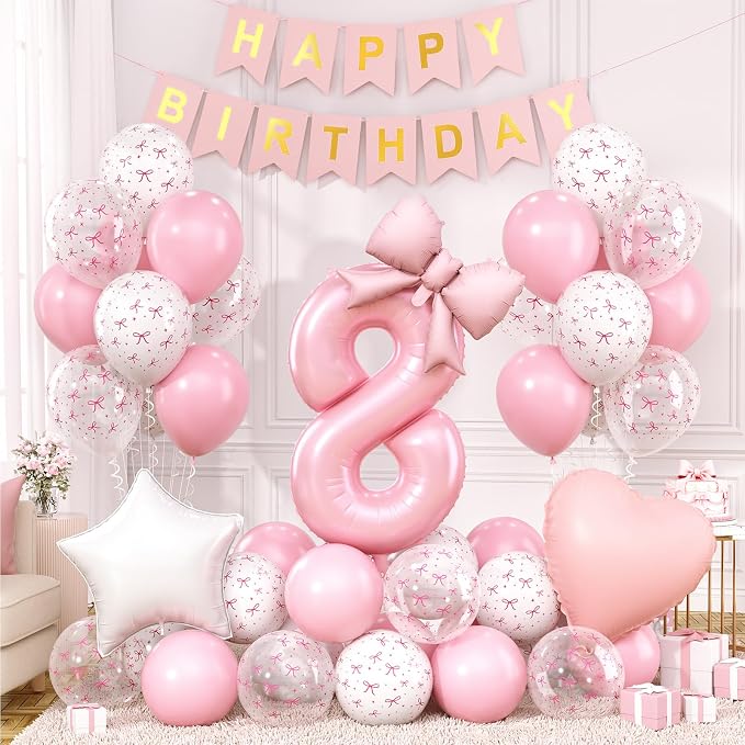 8th Pink Bow Birthday Decorations by Xinvery