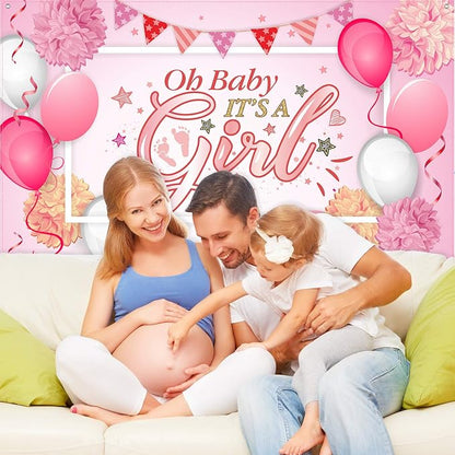Blulu Baby Shower Backdrop It's a Girl Banner 6 x 3.6 ft Large Pink Fabric - Image 3