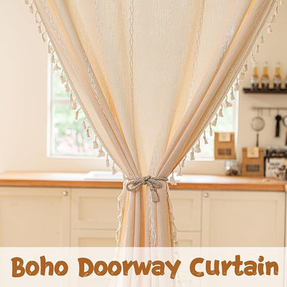 Sutuo Home Boho Sliding Door Curtains, Bohemian Semi Blackout Curtains Tassels - Image 5