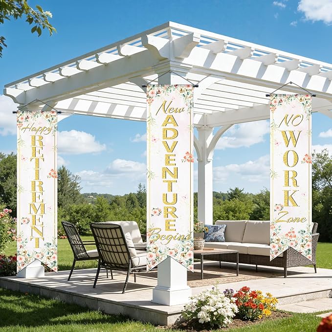 3Pcs Retirement Porch Sign Door Hanging Banner Floral Happy Retirement Banner - Image 6