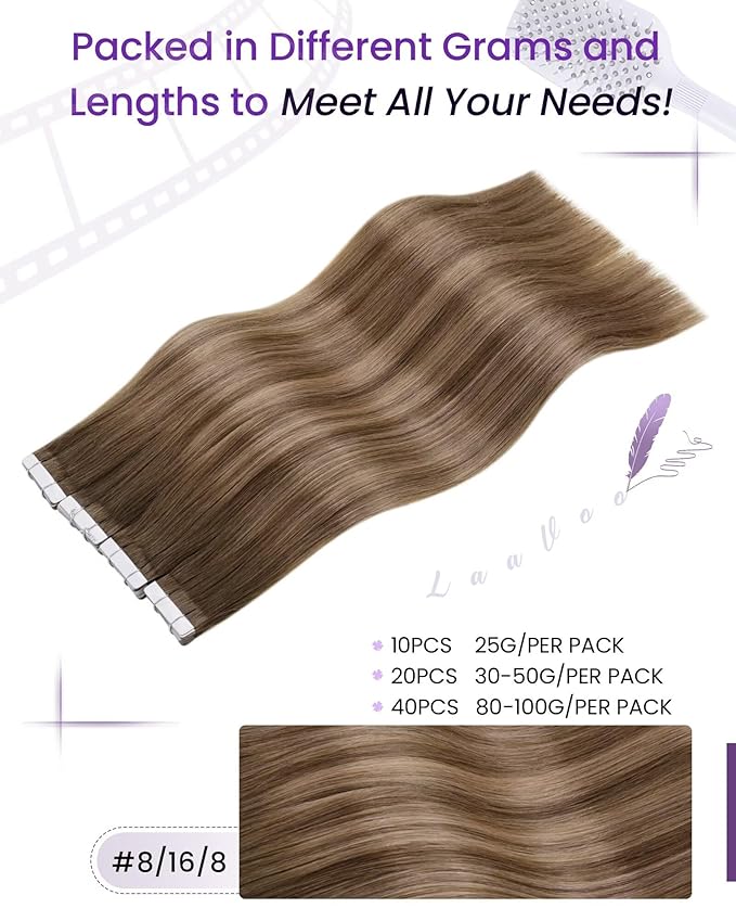 LaaVoo Tape in Hair Extensions Human Hair Balayage Light Brown to Ash Brown Hair Extensions Tape in Real Human Hair 14 Inch 50g 20pcs